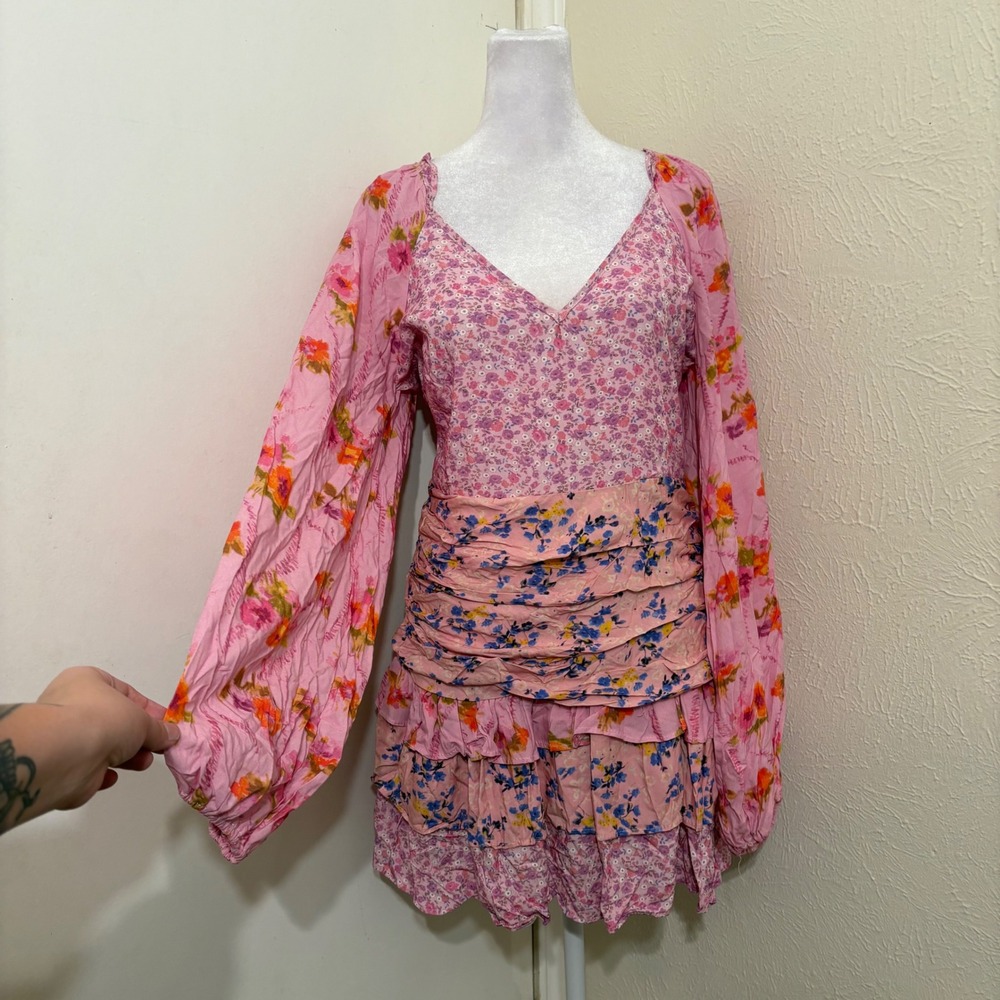 Pink Floral Tiered Patchwork Ruffle Mini Dress Long Balloon Sleeve Size S